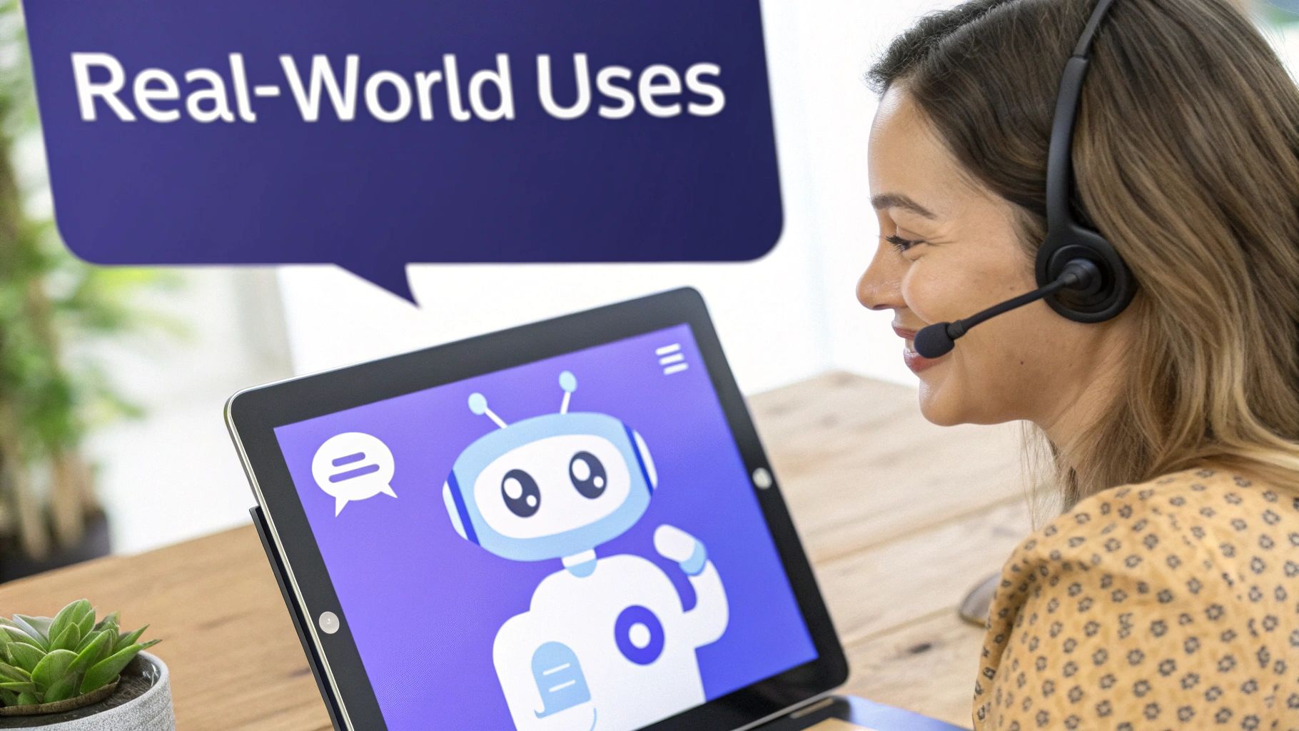 A person interacting with a chatbot on a laptop, with abstract language data flowing between them