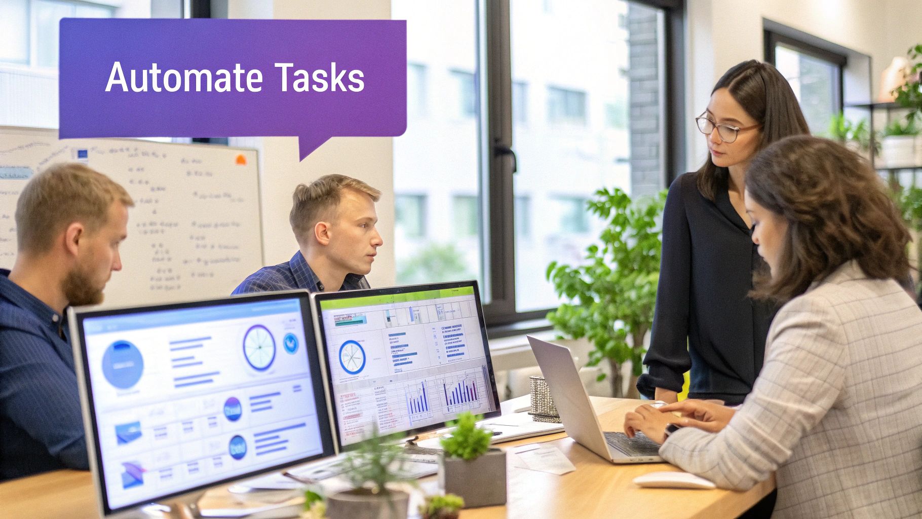 A team works on a digital whiteboard, planning out strategies for better operational efficiency.