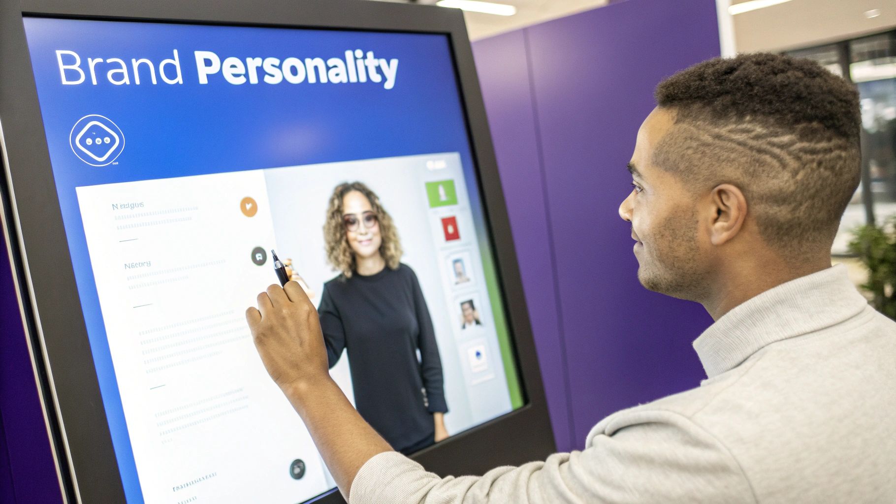 A chatbot avatar next to a color palette and logo, showing brand customization.