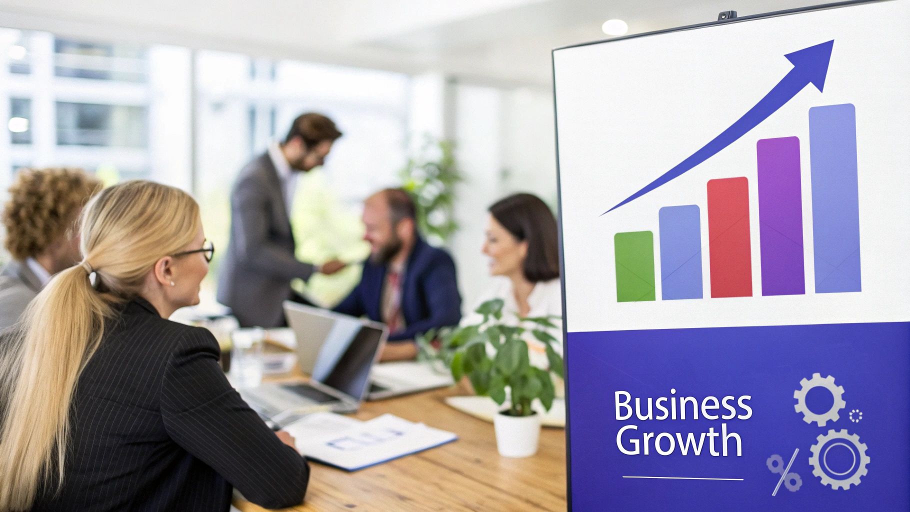 A graph showing positive business business growth with upward arrows and chart lines.