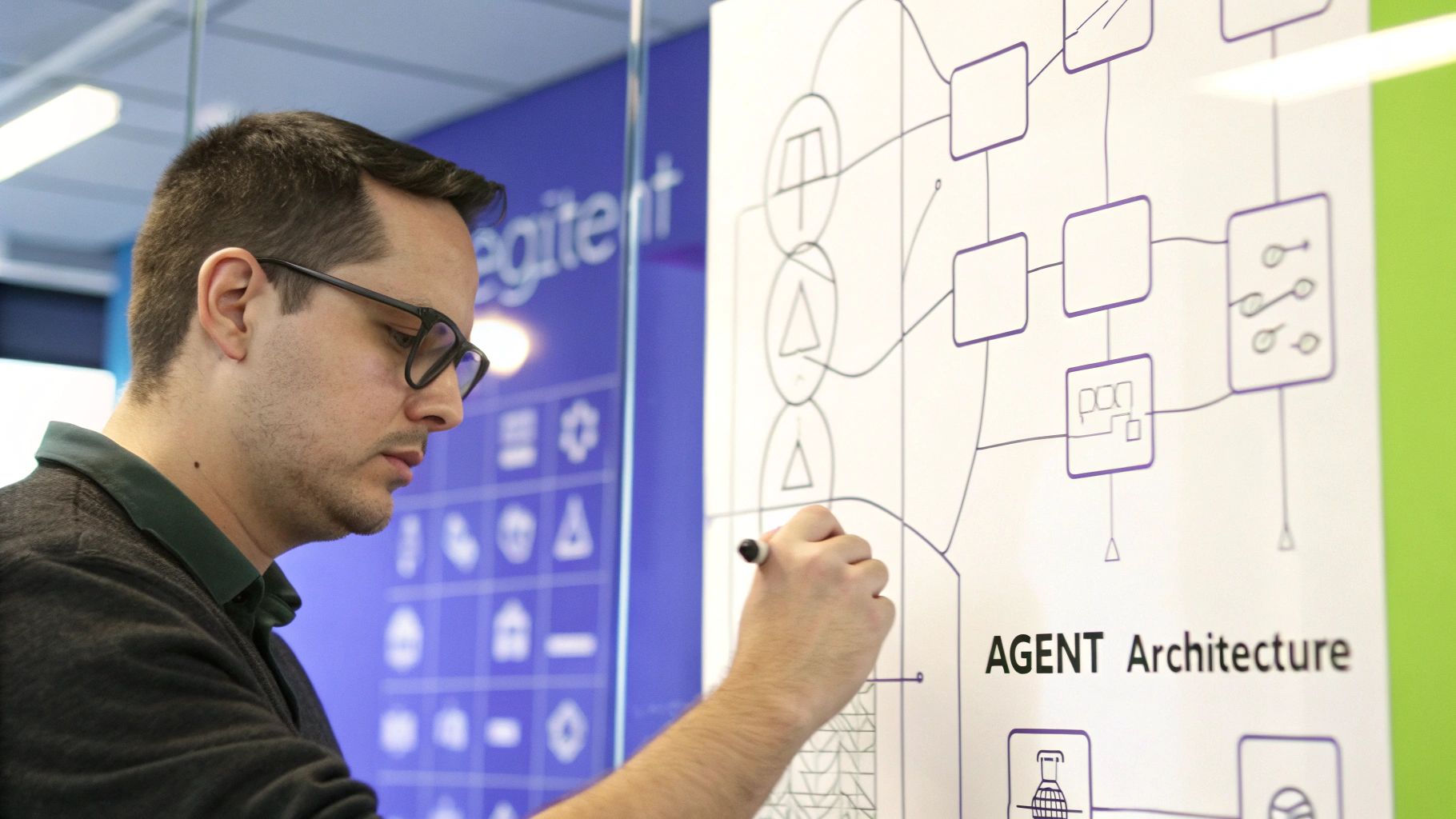 A detailed diagram showing the architectural components of an AI agent, including input, processing with an LLM, and output.