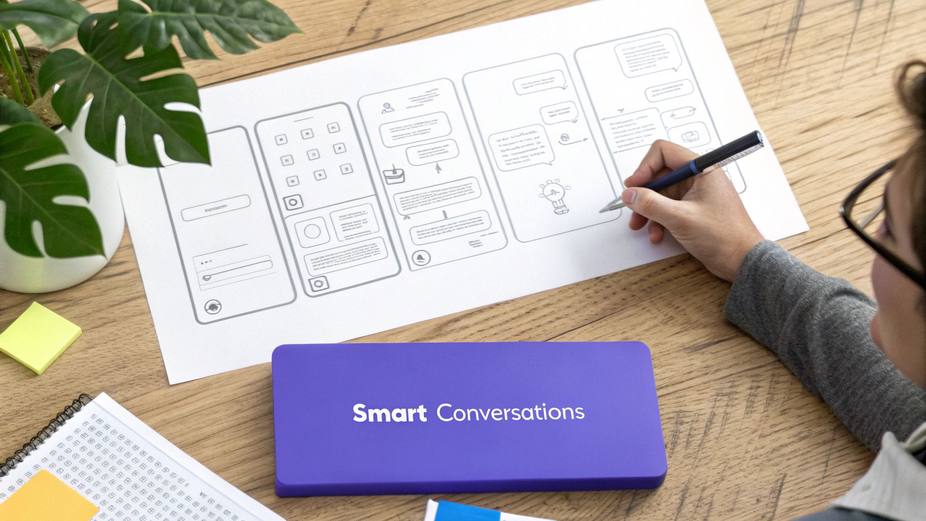 A person mapping out a conversational flow on a whiteboard for a lead generation chatbot