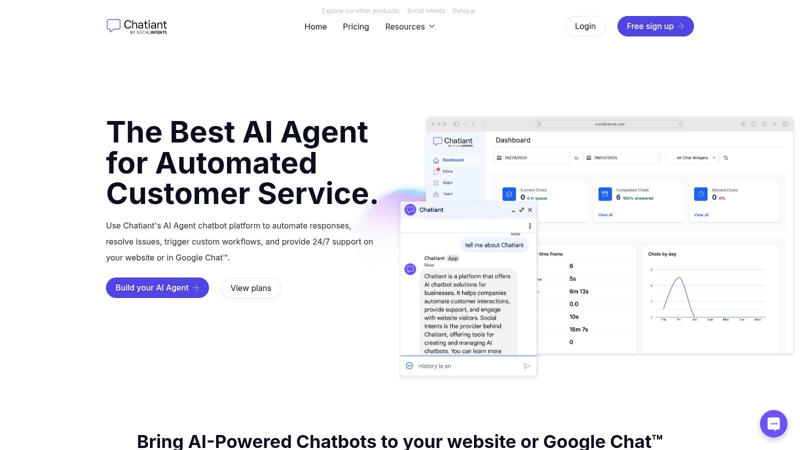 An illustration showing the Chatiant interface, with a chatbot configuration screen next to a mobile phone displaying a conversation.