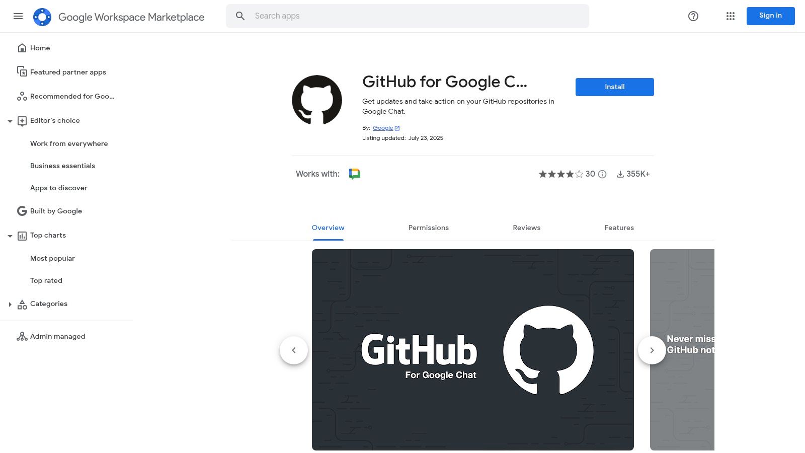 GitHub for Google Chat (official Marketplace listing)