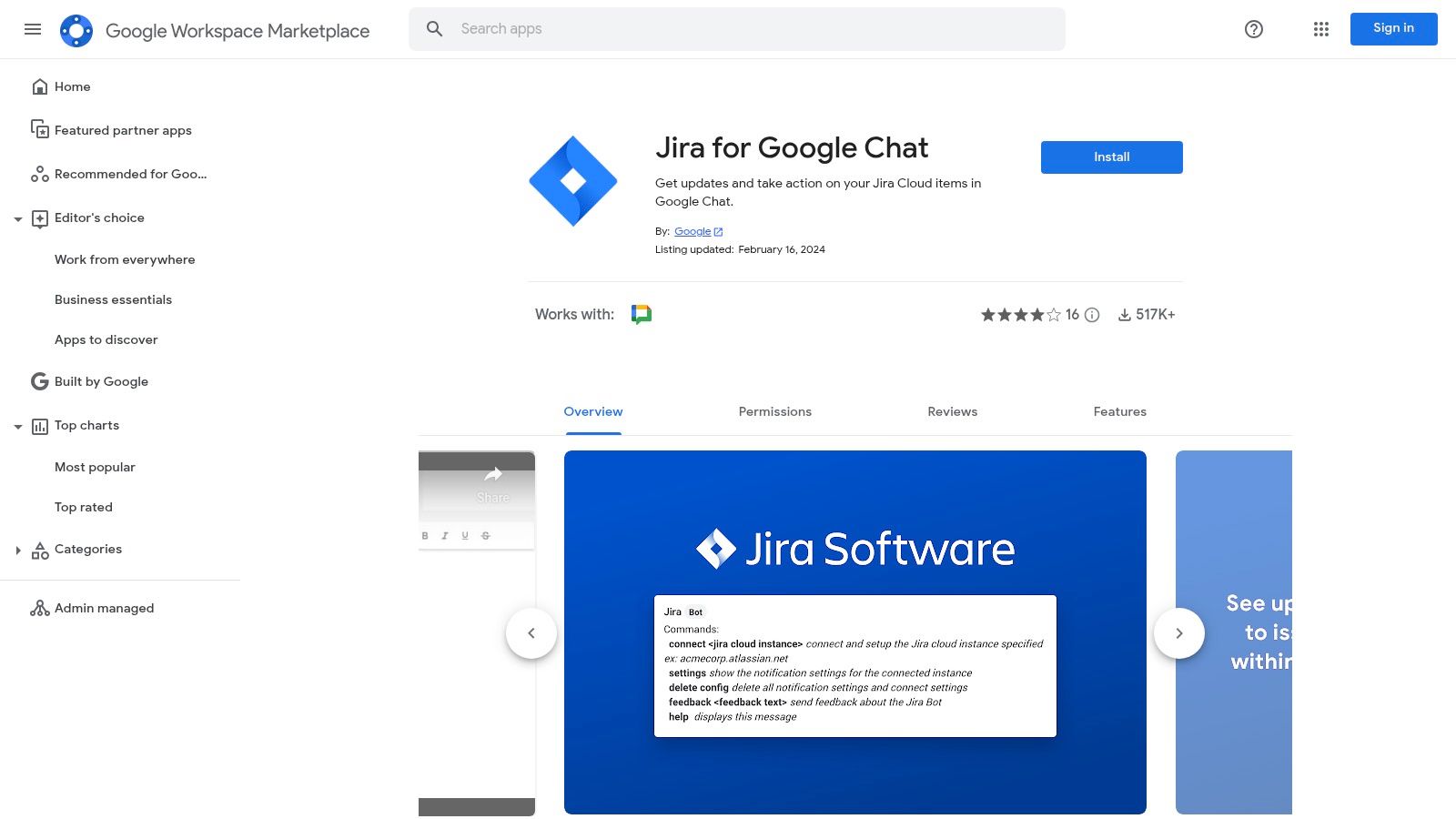Jira for Google Chat (official Marketplace listing)