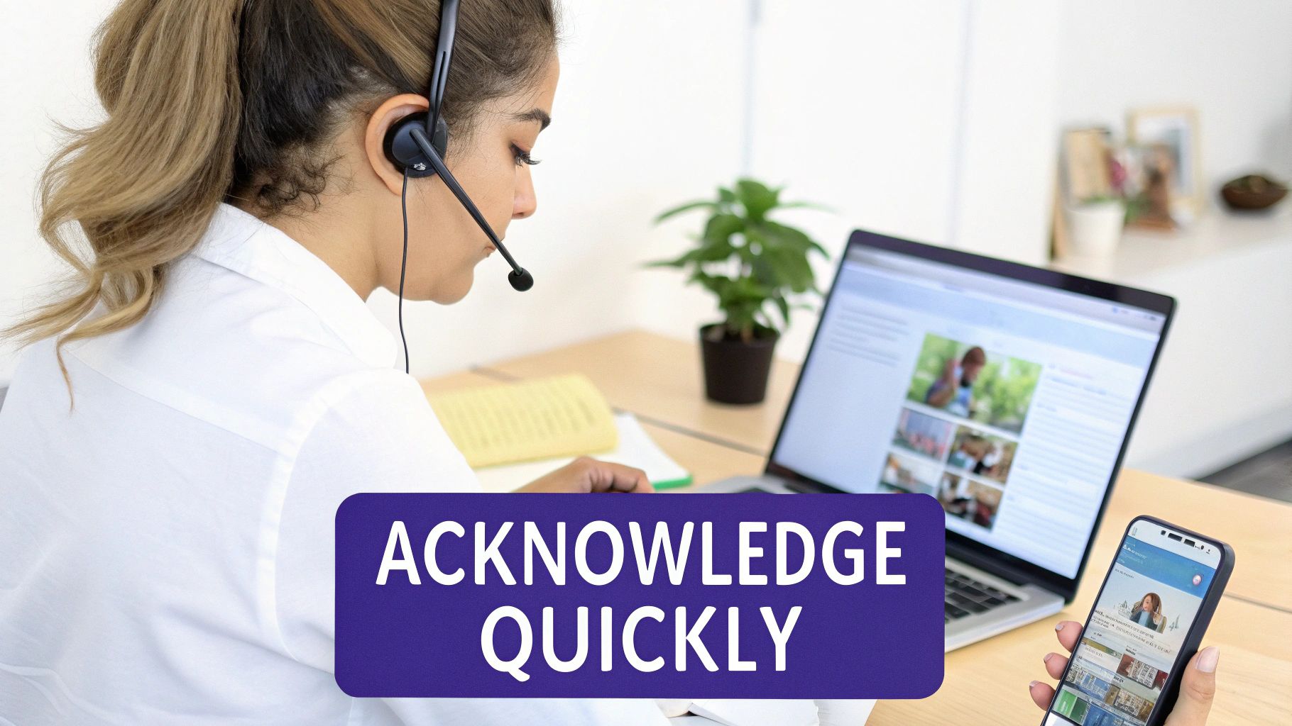 A person at a desk attentively responding to a client complaint on a laptop.