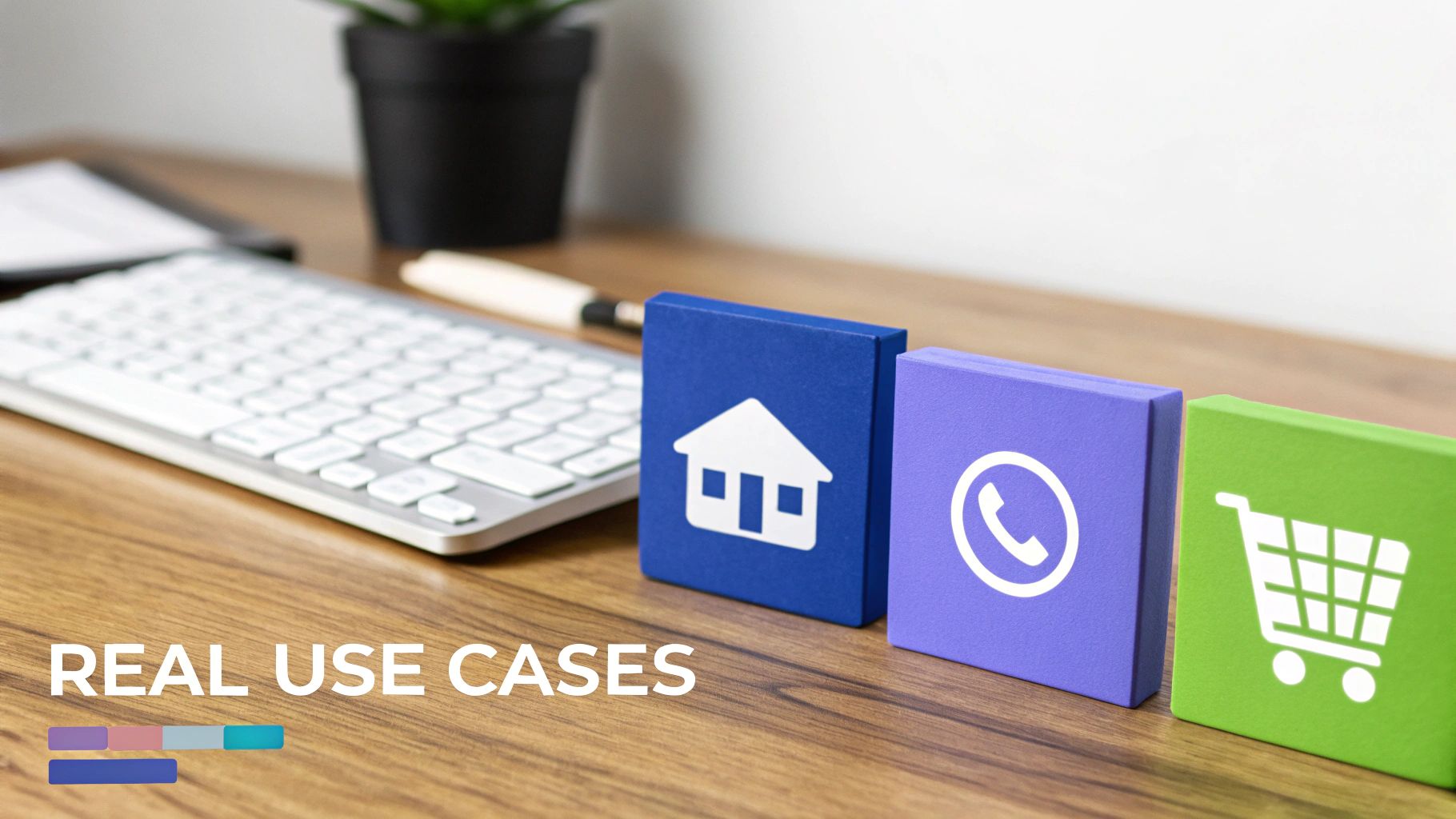 A collection of diverse business scenarios, like e-commerce, real estate, and software, each with a small chatbot icon integrated.