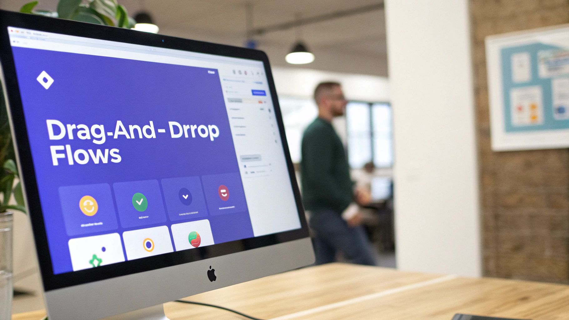 A visual flow builder interface on a laptop screen showing drag-and-drop elements for a chatbot.