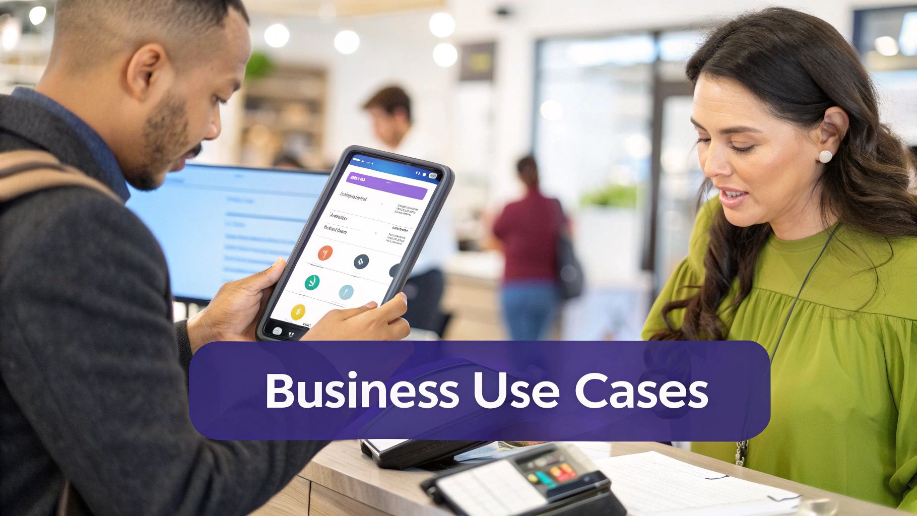 Woman interacting with an enterprise chatbot on a laptop in a modern office setting.