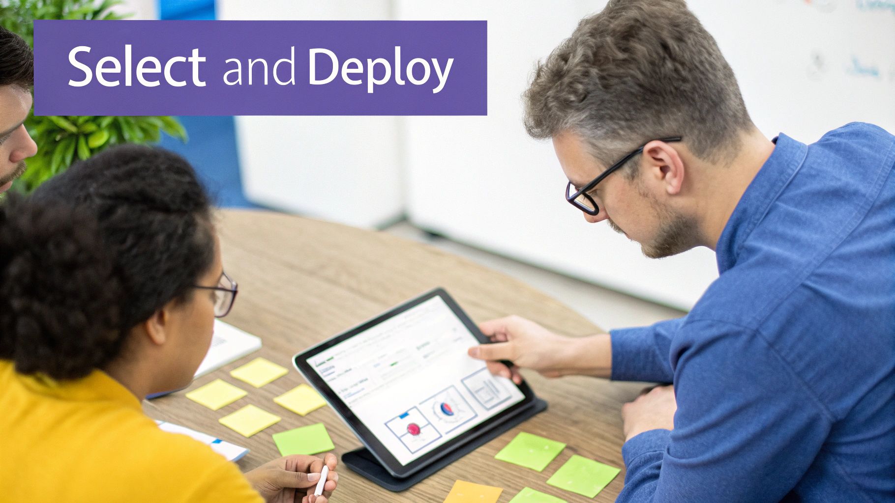 Person planning the implementation of a chatbot solution on a whiteboard.