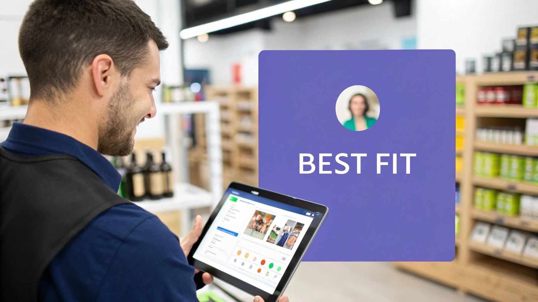 A person working on a laptop with charts and graphs in the background, representing data analysis.