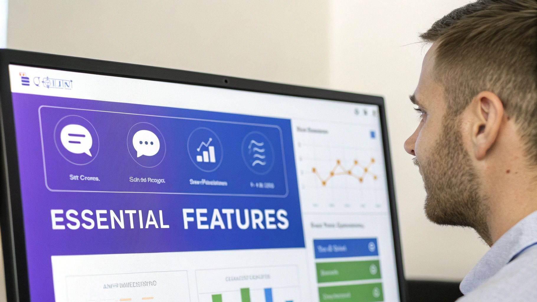 A person using a laptop with a live chat widget open, showing features like chat routing and analytics.