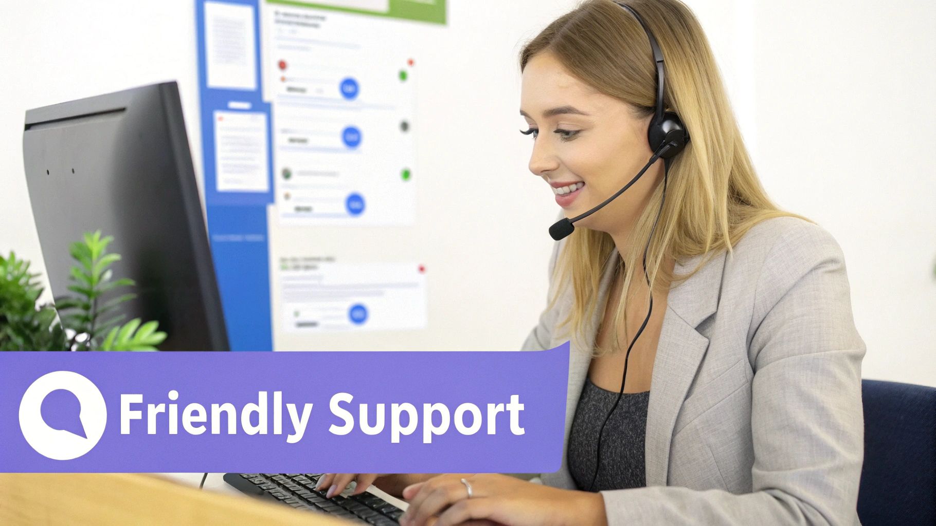 A smiling customer support agent wearing a headset and working on a laptop, demonstrating excellent customer service live chat.