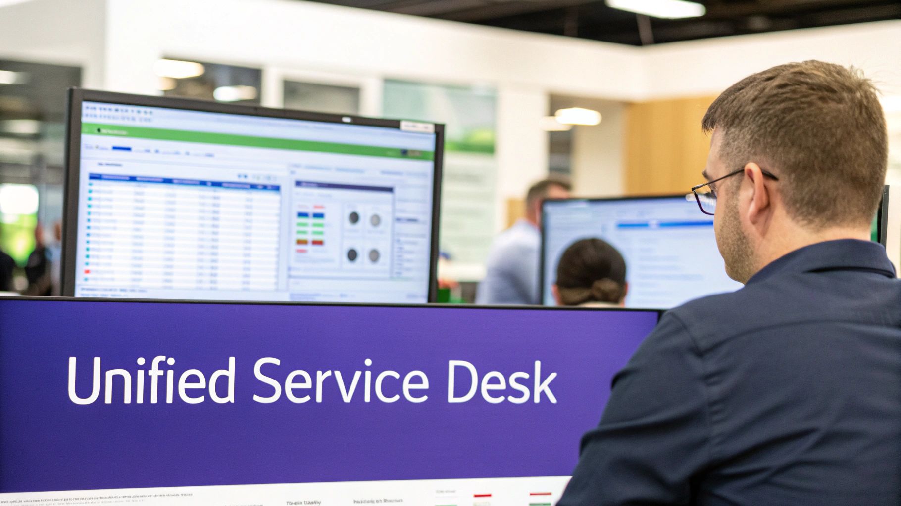 An IT professional at a modern service desk, managing various service requests on multiple screens, symbolizing a strategic and organized approach.
