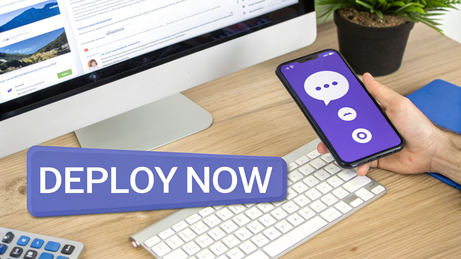 A diagram showing a chatbot being deployed to a website and mobile apps, illustrating the final step in the process.