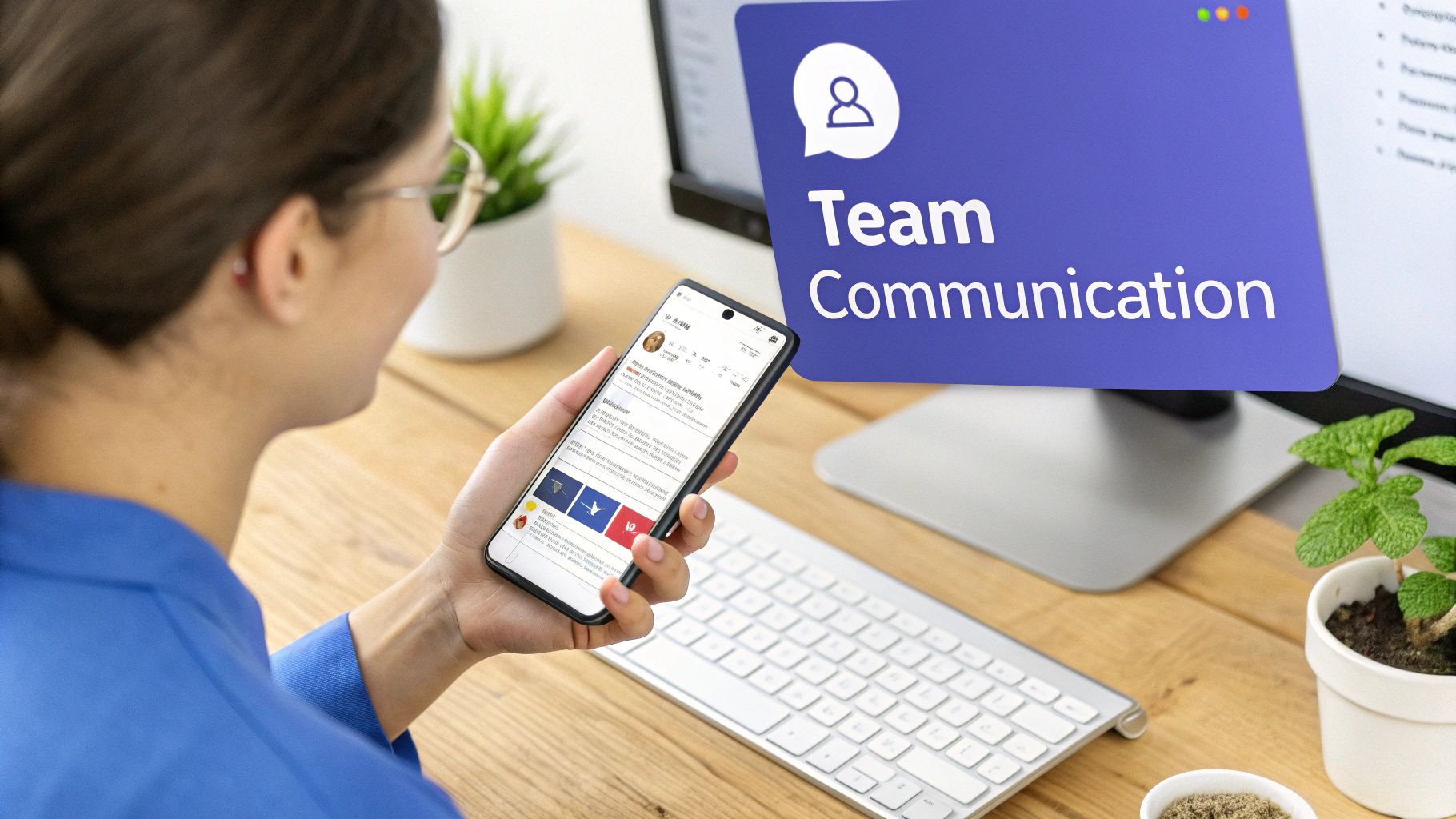 A person using Google Chat on their Android phone while working at a desk.