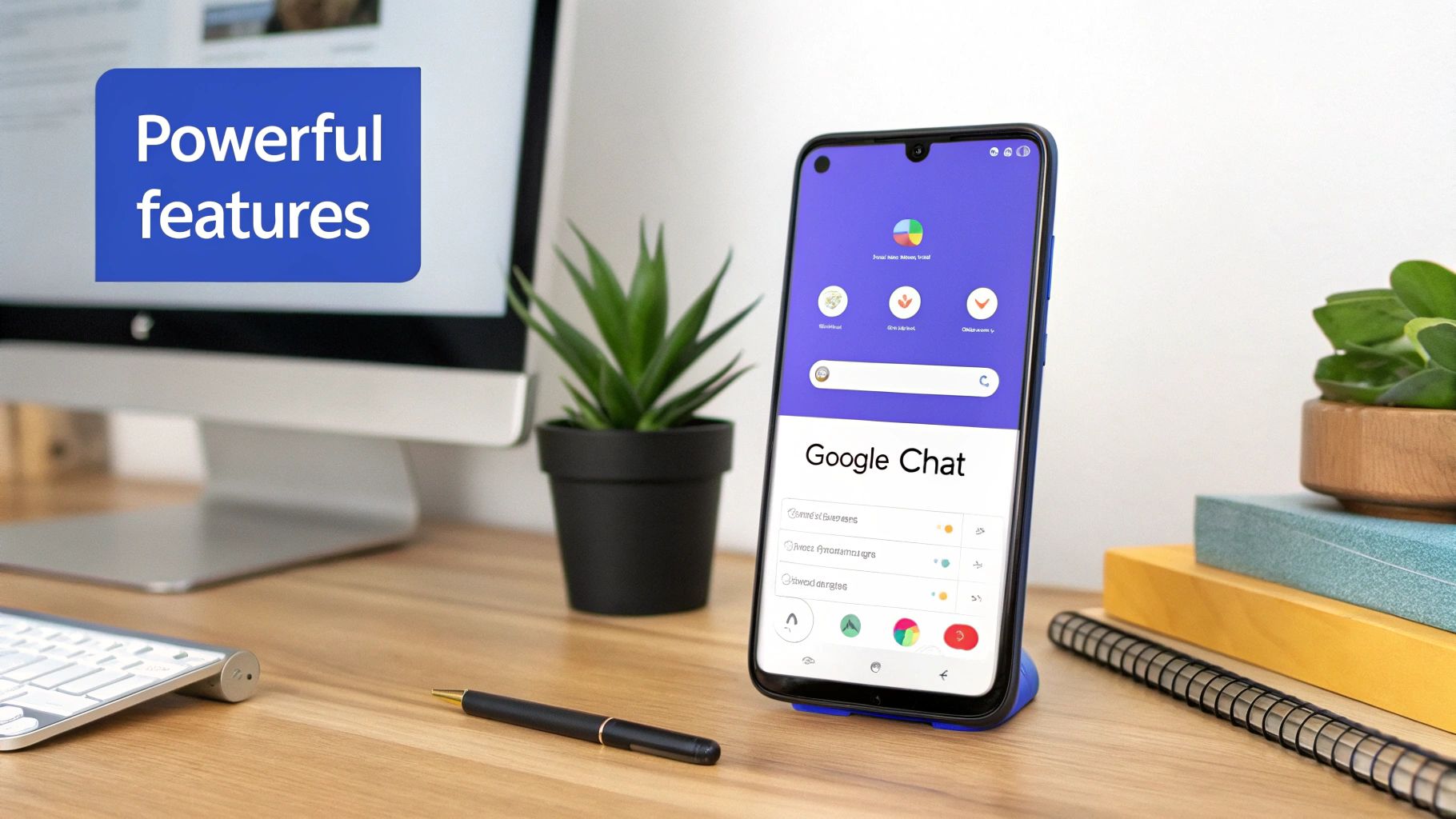 Someone using a magnifying glass icon over a smartphone screen showing the Google Chat app.