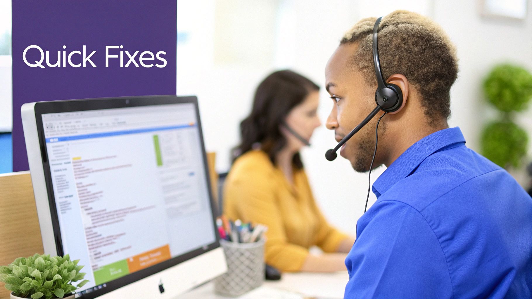 An IT support professional working at a help desk, surrounded by monitors showing data.