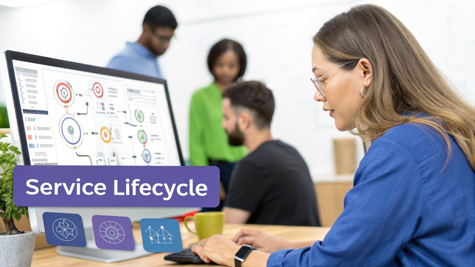 A service desk professional collaborates with a colleague in a modern office setting.