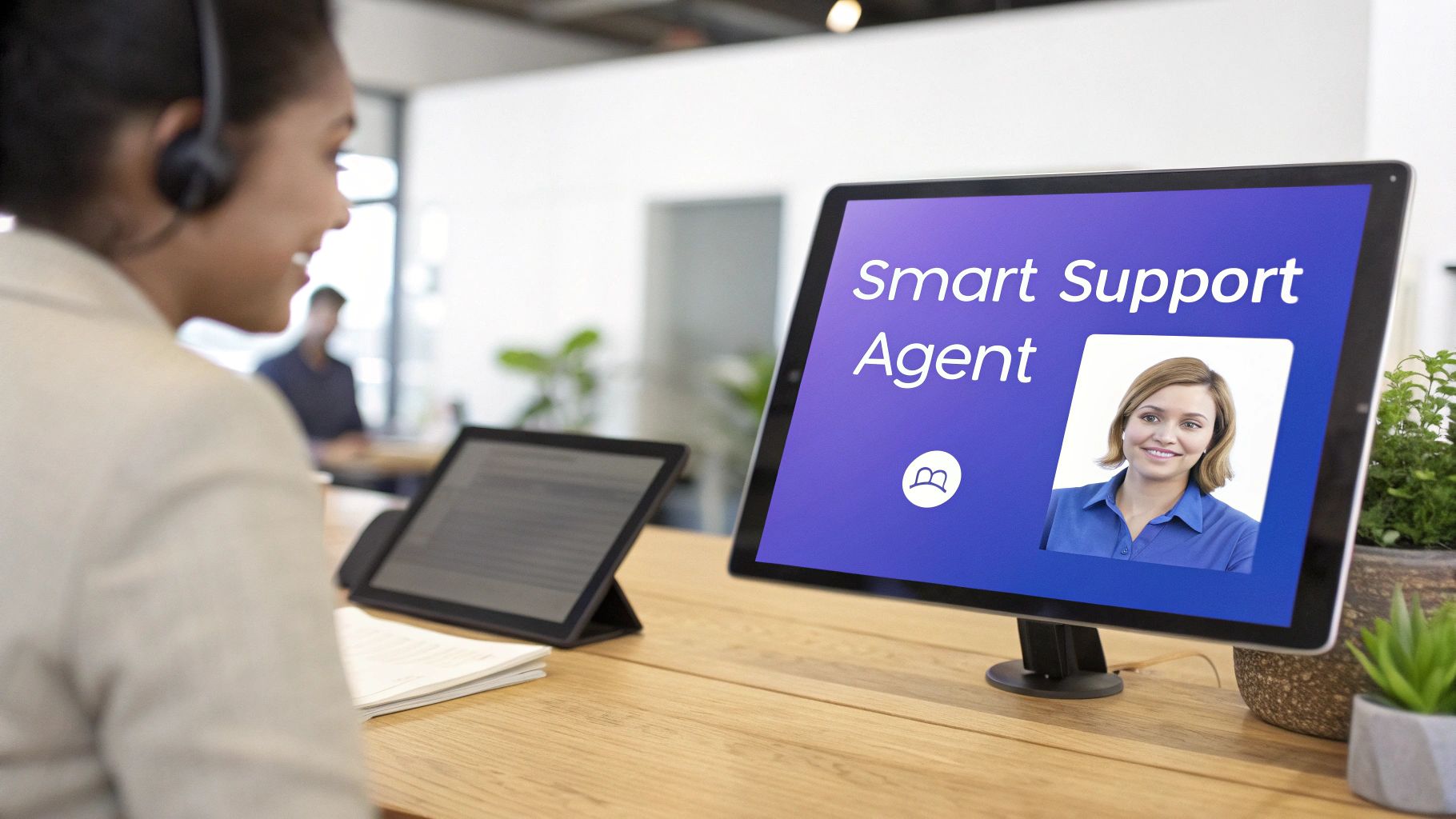 Two customer service professionals working on computers with AI interfaces.