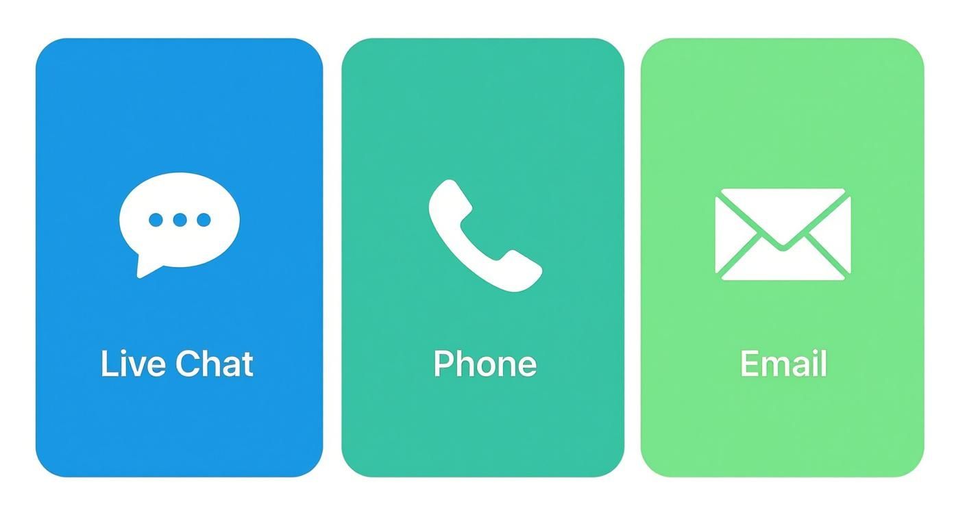Infographic comparing support channels including live chat, phone, and email.