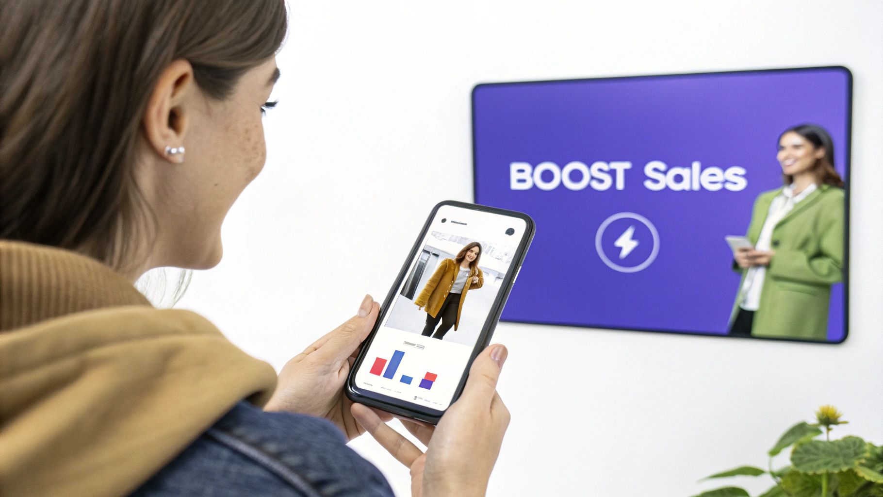 A customer and a support agent communicating through a live chat window on a website, with icons representing sales growth and customer satisfaction.