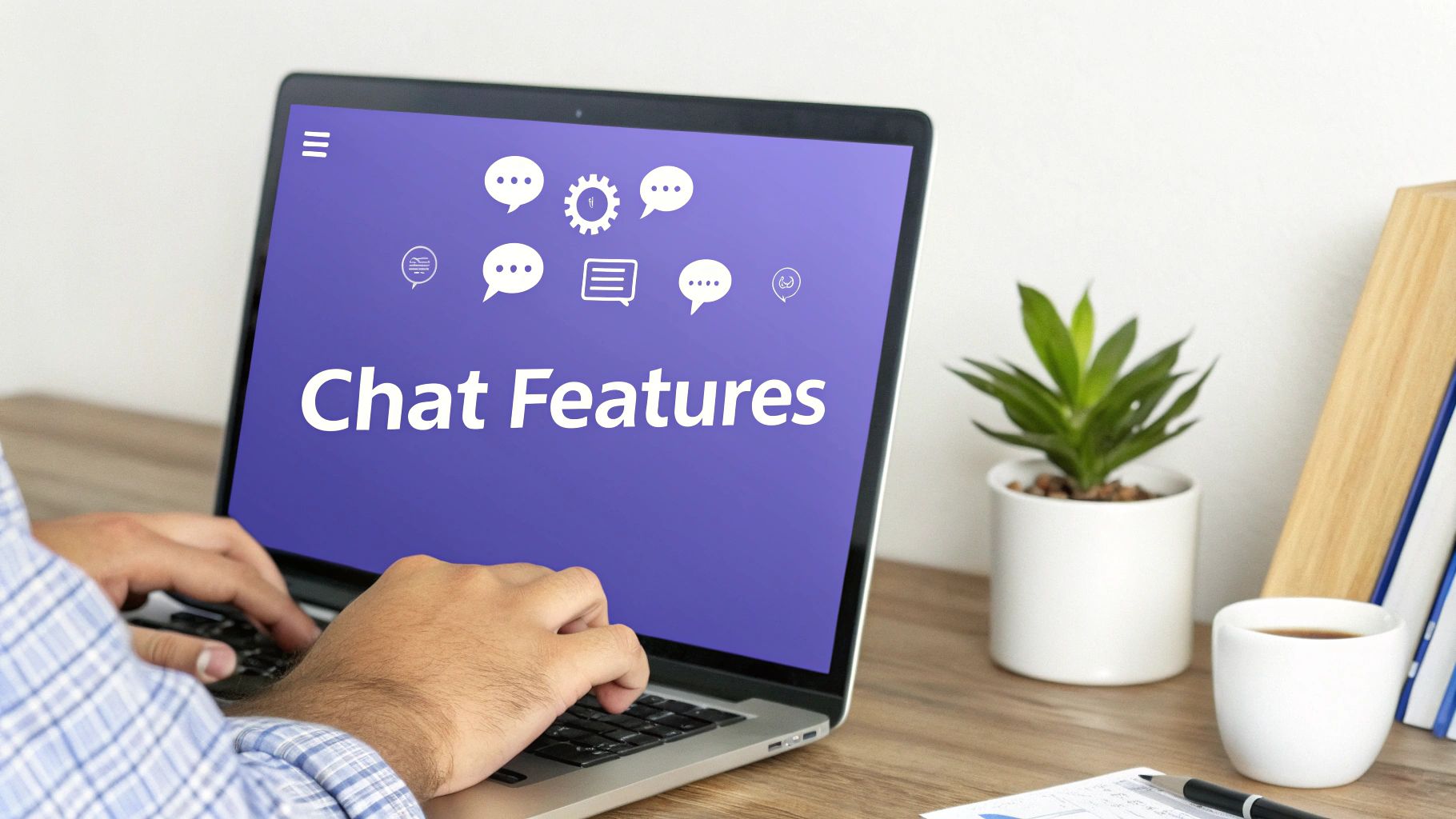 An image showing a customer support agent using a live chat interface on a computer, with chat bubbles and user profiles visible.