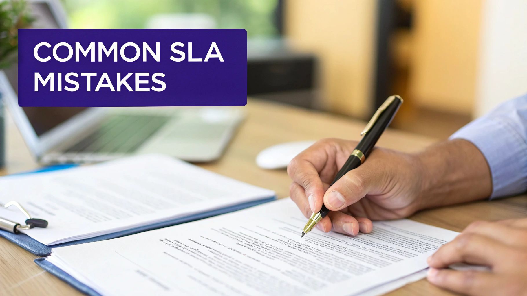 A person reviewing a document with red sticky notes, highlighting potential mistakes in an SLA.