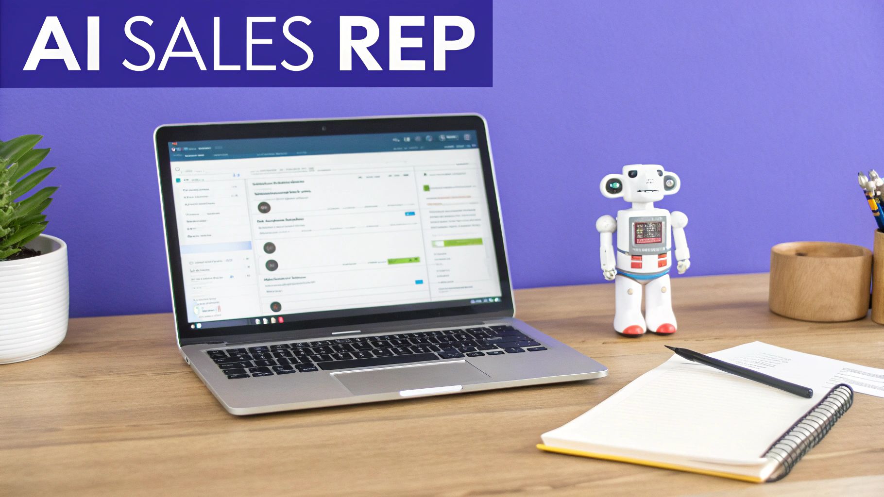 An AI sales representative shown as a digital assistant helping a sales team with data and outreach.