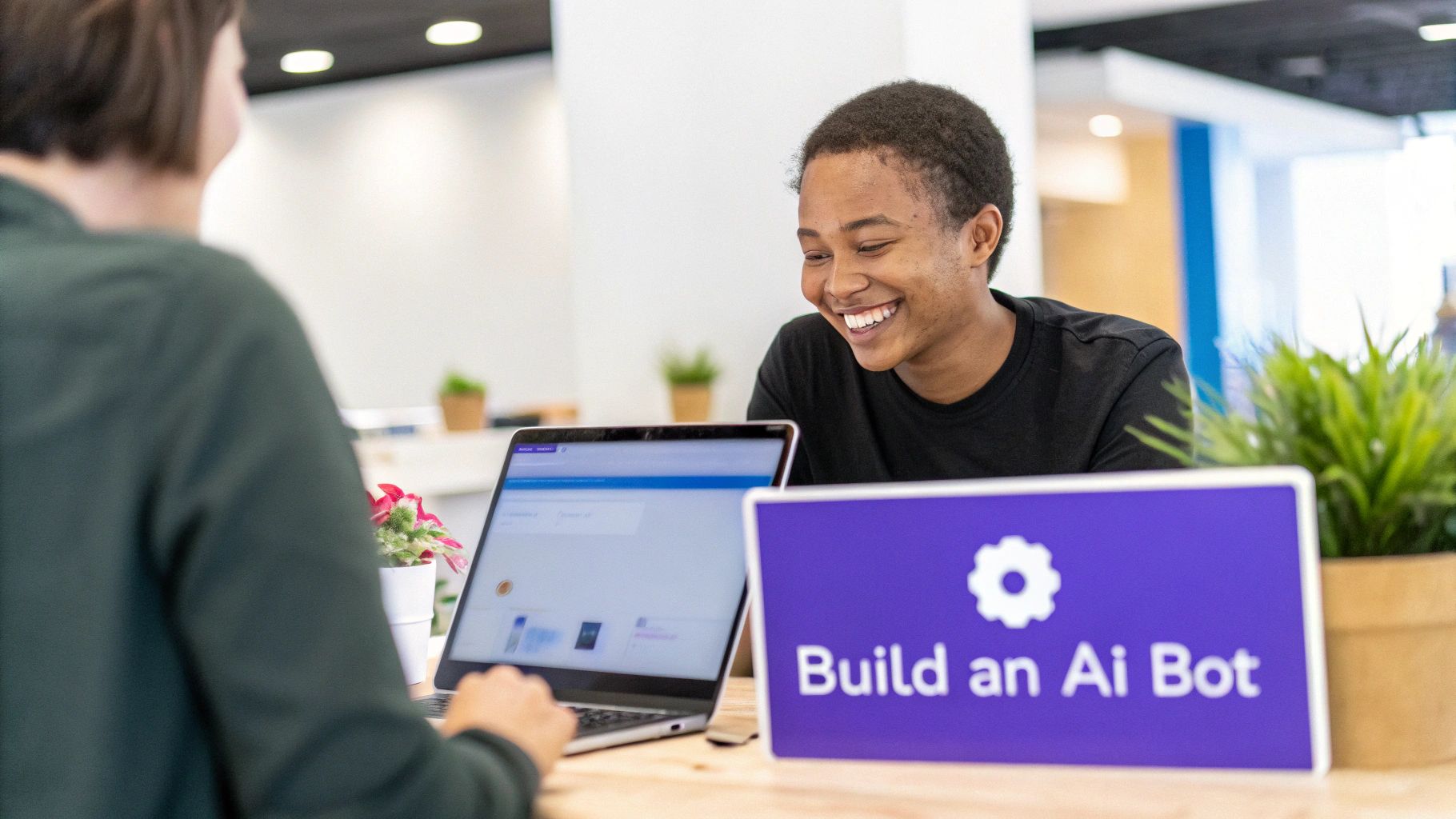 An illustration showing a person interacting with an AI bot on a computer screen.