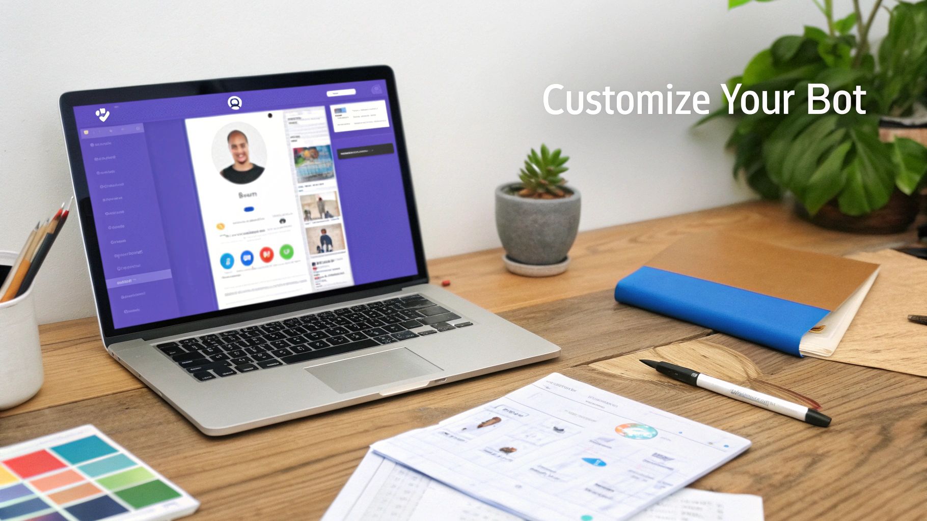 A person customizing a chatbot's appearance on a computer screen, showing color palettes and logo options.