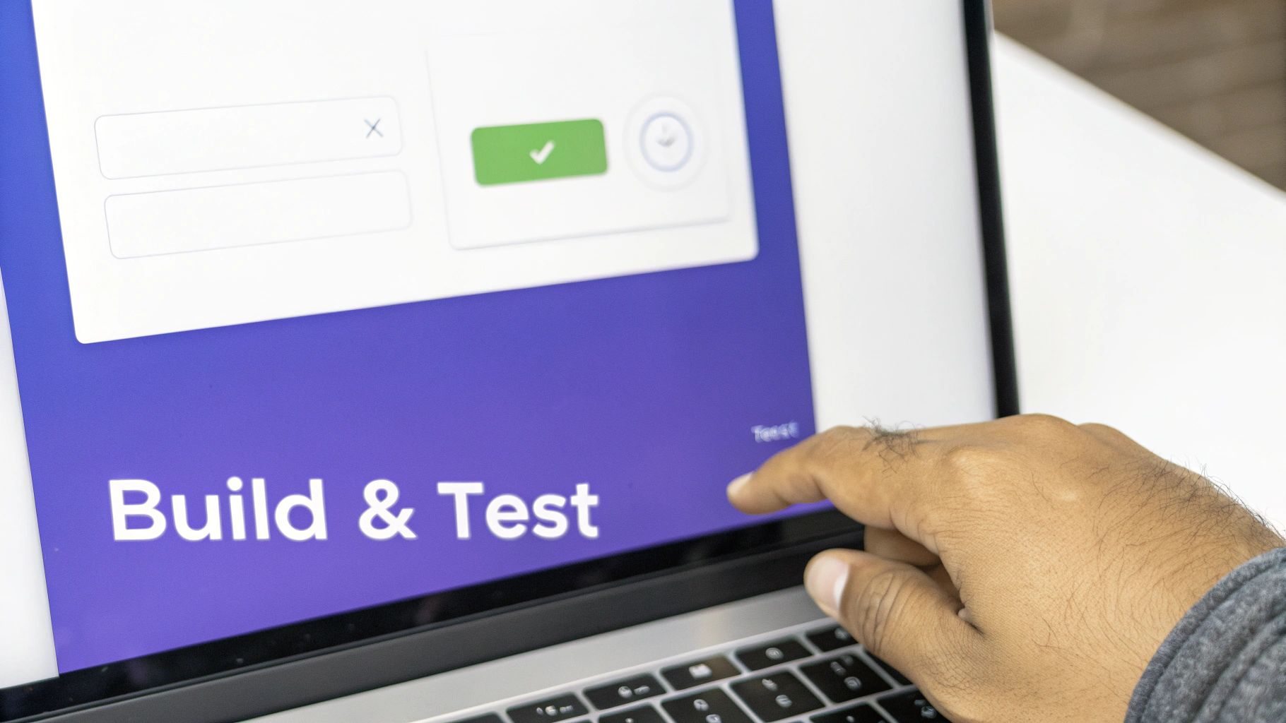 Person using laptop computer testing automated business process workflows with green checkmark confirmation