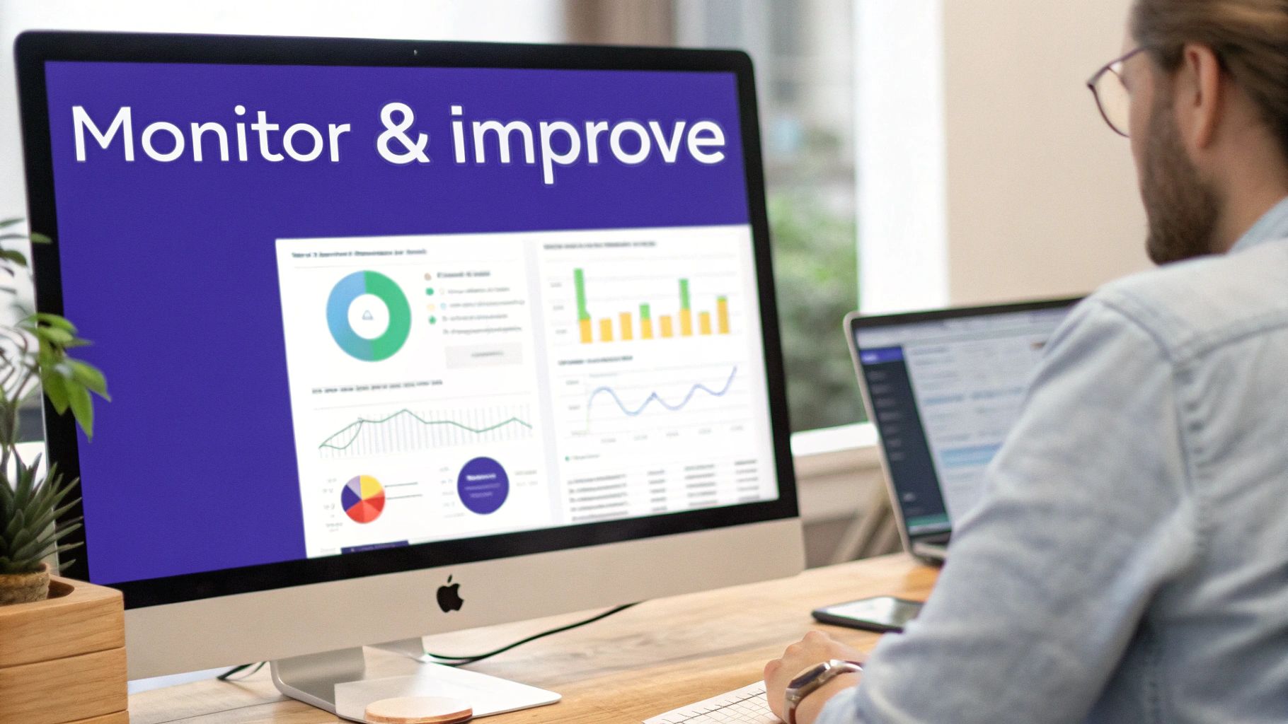 Business professional analyzing data dashboard with charts and graphs on computer monitor for process improvement