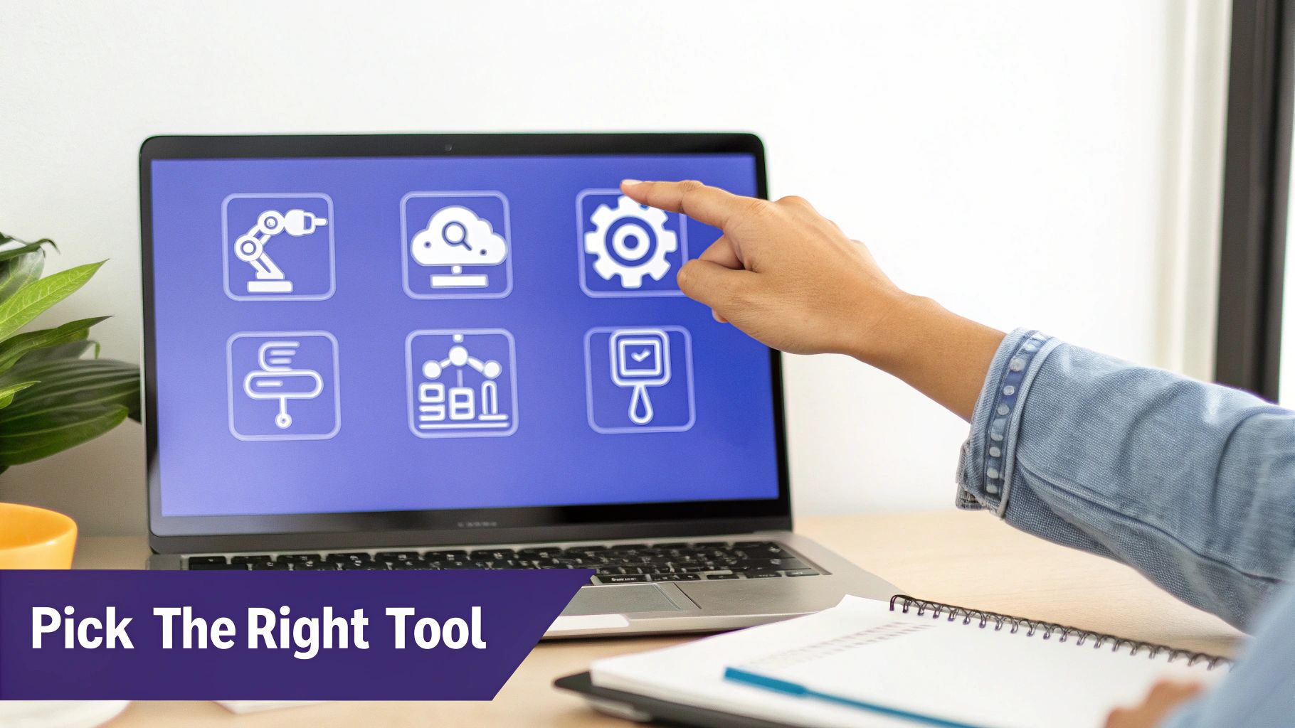 Person pointing at gear settings icon on laptop screen displaying business automation tools interface