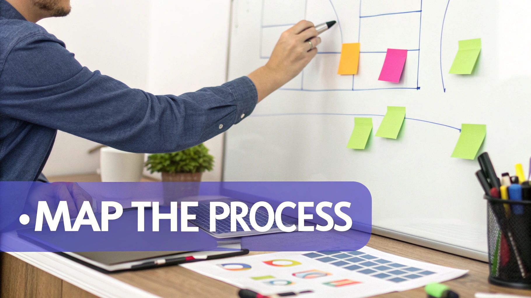 A person at a desk sketching out a business process map with sticky notes and diagrams, indicating a clear plan for automation.