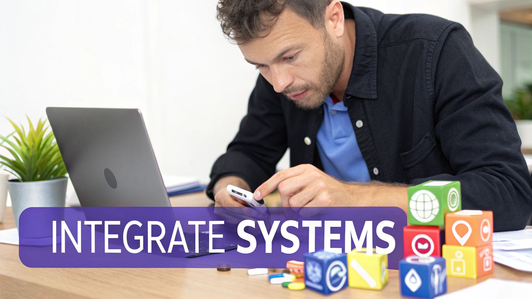 Professional man working on laptop with colorful blocks showing system integration icons on desk