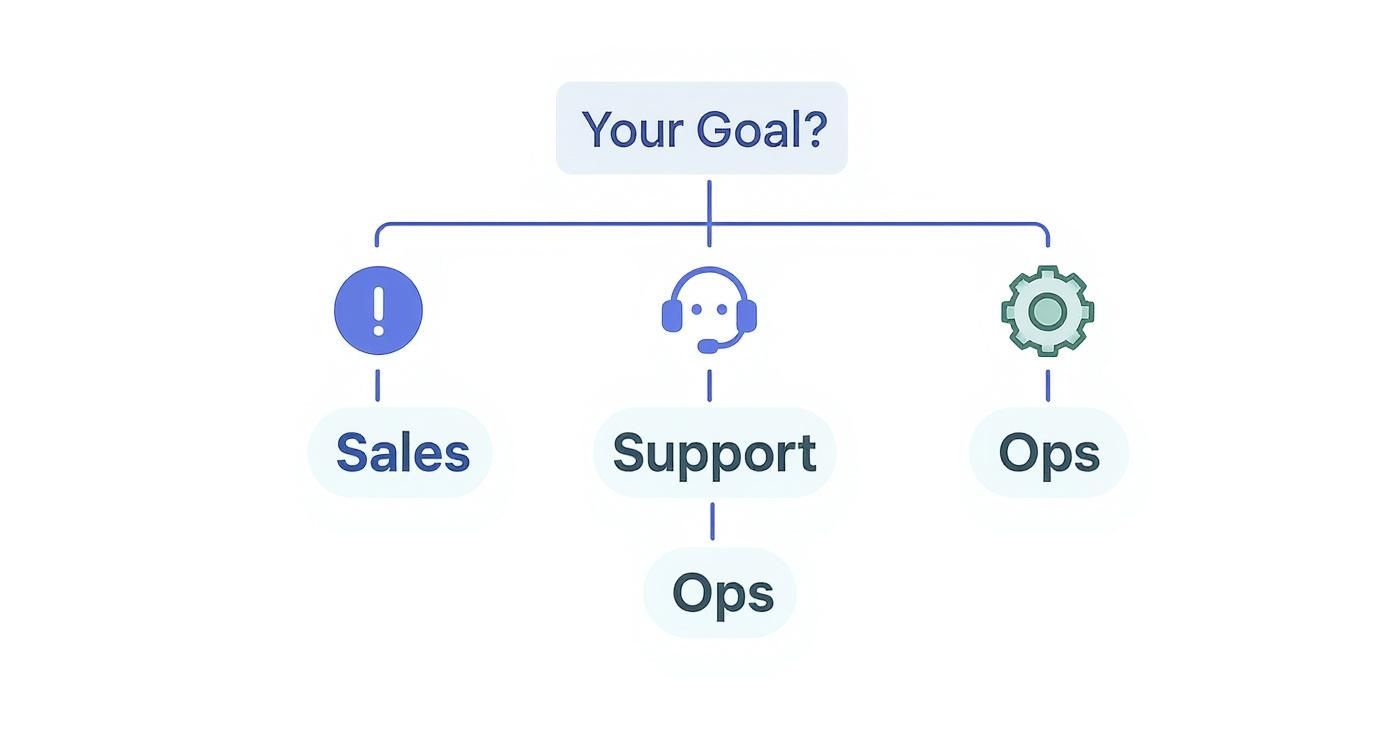 Flowchart showing three goal paths: Sales, Support leading to Ops, and Ops for chatbot implementation