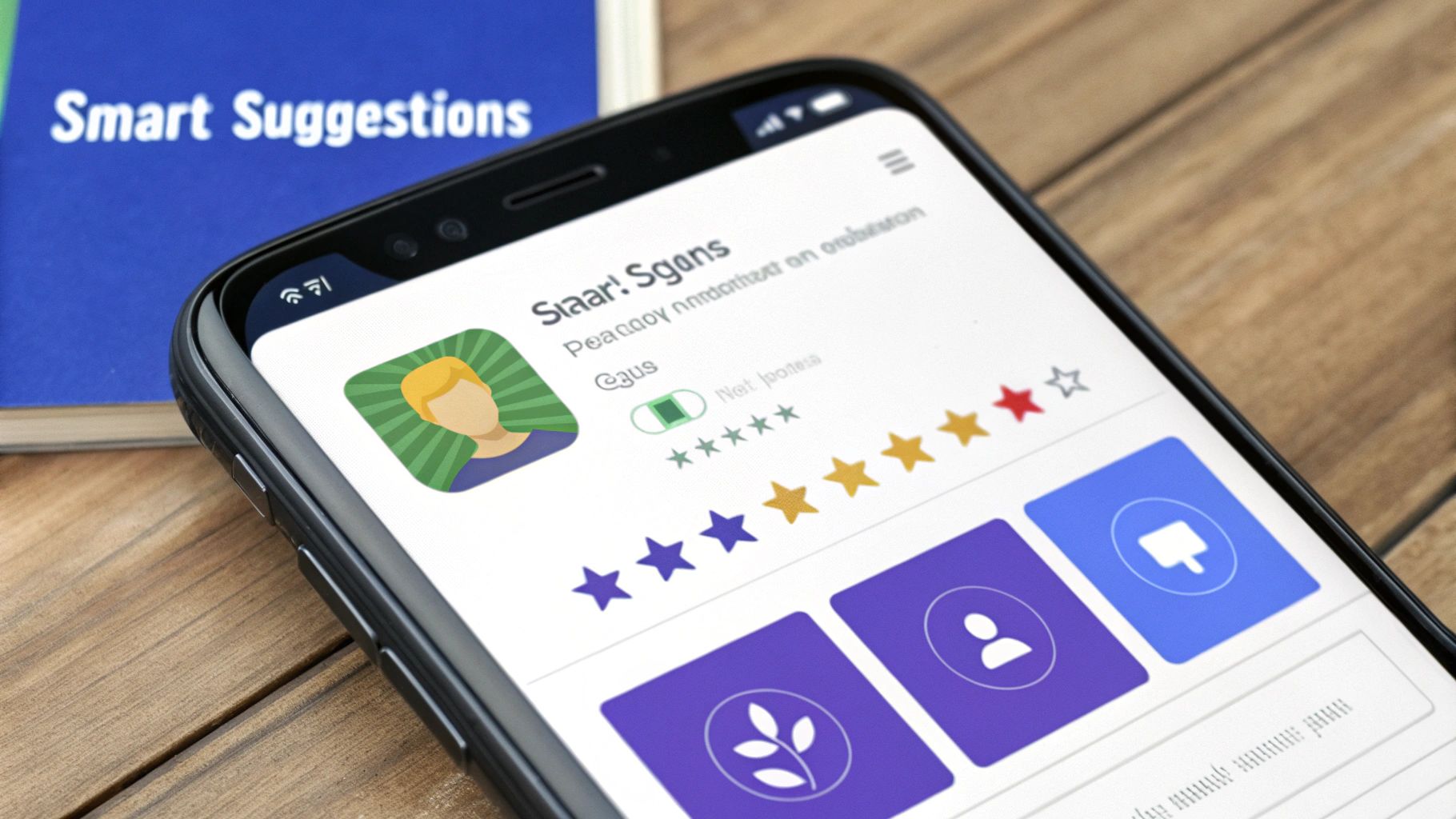 Close-up of a smartphone displaying an app store page with ratings and an app icon, next to a 'Smart Suggestions' book.