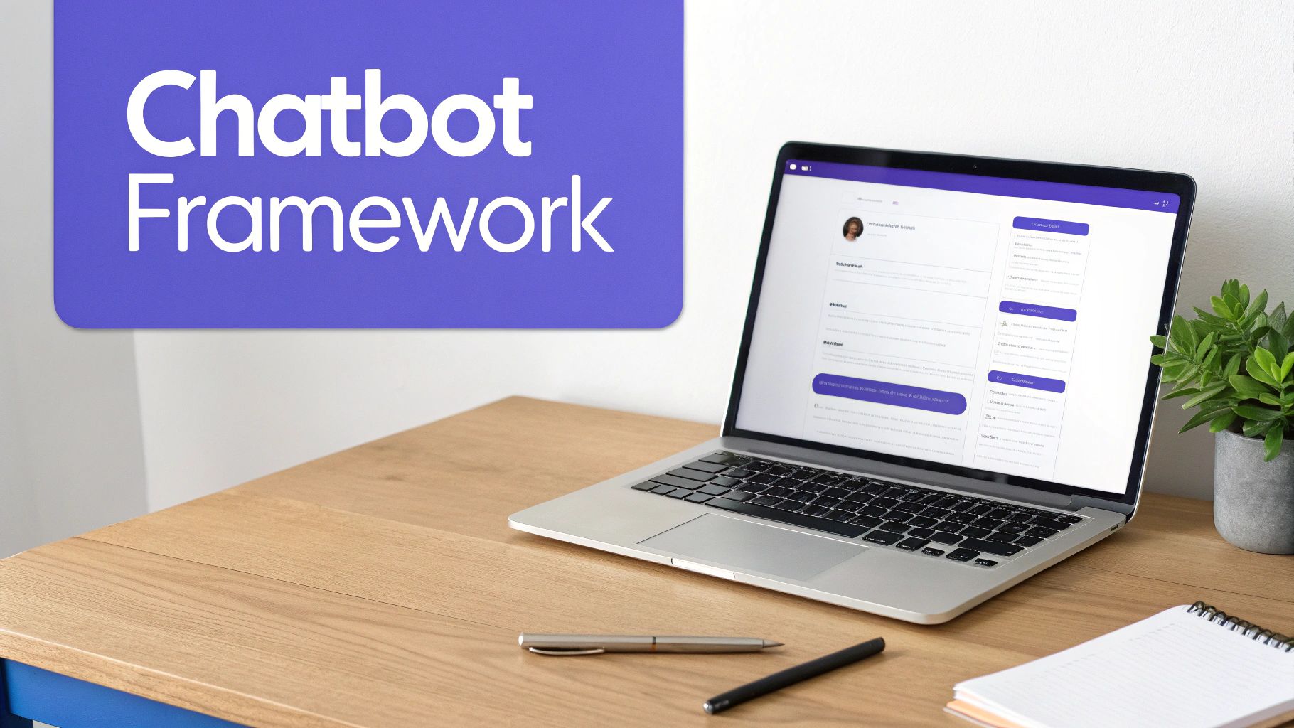 A laptop on a wooden desk displaying a chatbot interface, with a 'Chatbot Framework' sign.