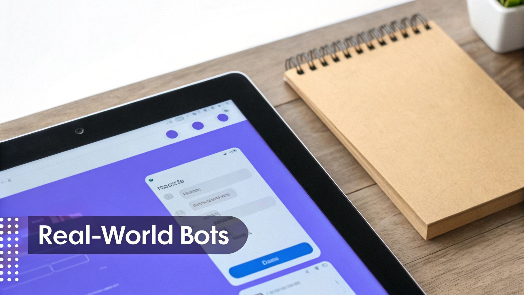 A tablet displaying a purple chatbot interface and a brown notebook on a wooden desk.