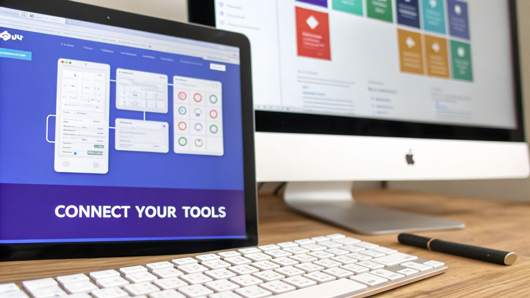 A modern workspace featuring a laptop displaying 'CONNECT YOUR TOOLS' and an Apple iMac showing a dashboard.