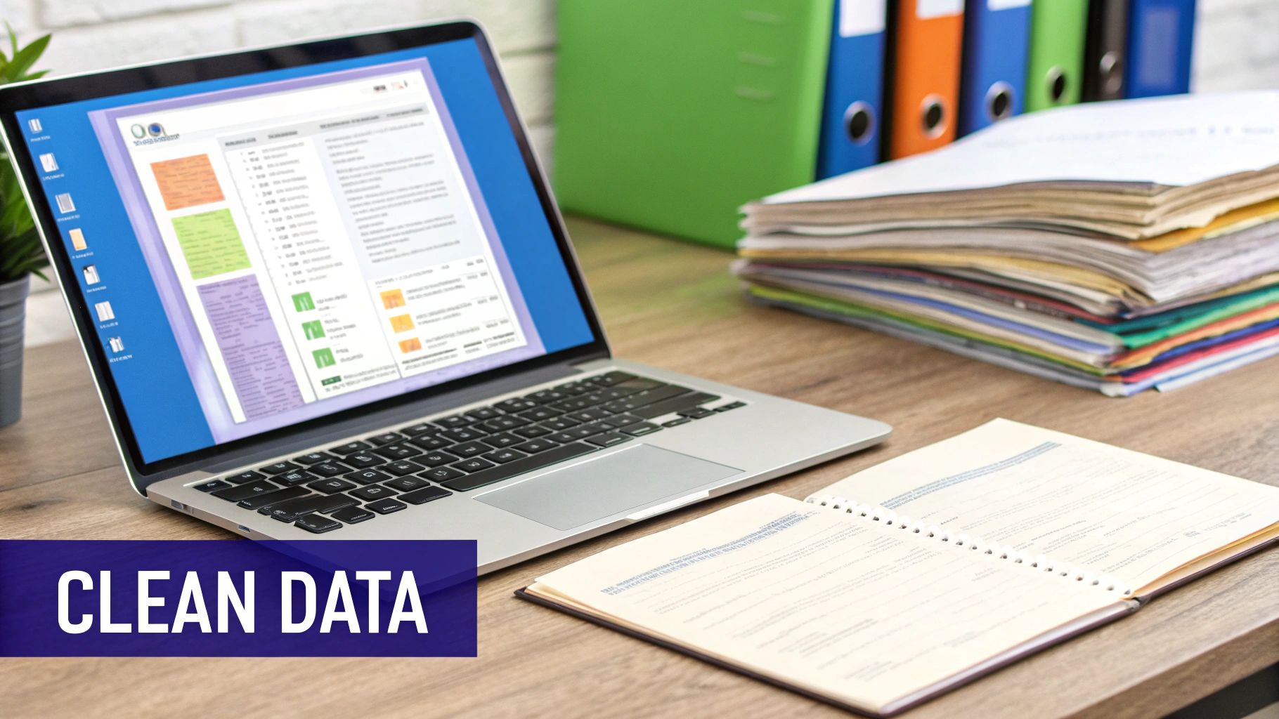 A laptop showing data, next to an open notebook and stacked files on a wooden desk with 'Clean Data' text.
