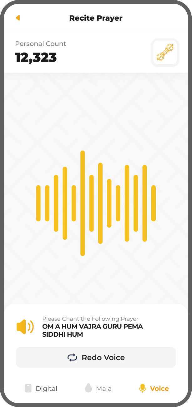 Guru App voice recognition feature for hands-free mantra recitation