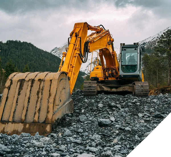 A yellow excavator sits on rocky ground in a mountainous area, with a forest and snow-capped peaks visible in the background under a cloudy sky.