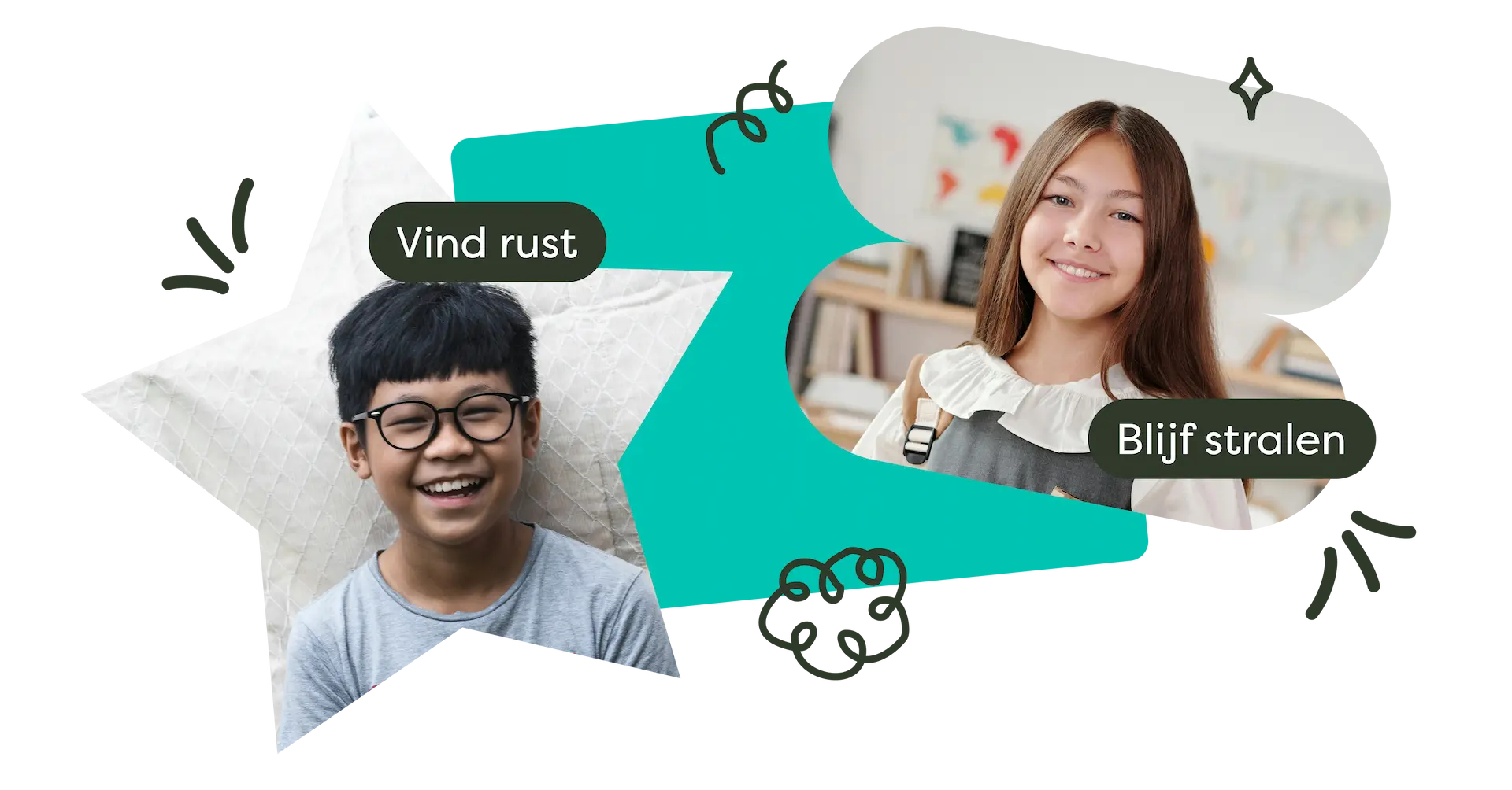 Twee kinderen met inspirerende teksten "Vind rust" en "Blijf stralen"