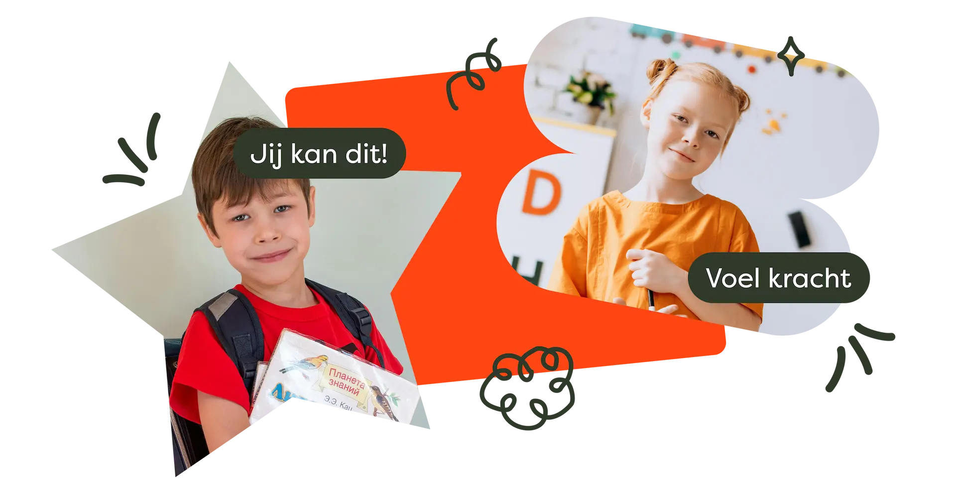 Twee kinderen met inspirerende teksten "Jij kan dit" en "Voel kracht"