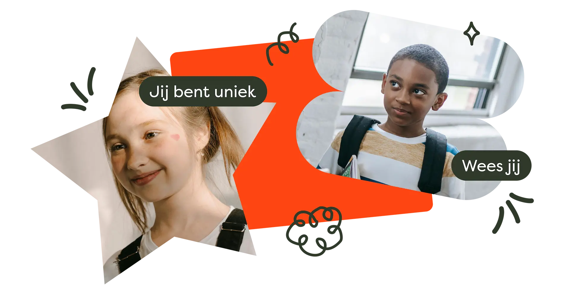 Twee kinderen met inspirerende teksten "Jij bent uniek" en "Wees jij"