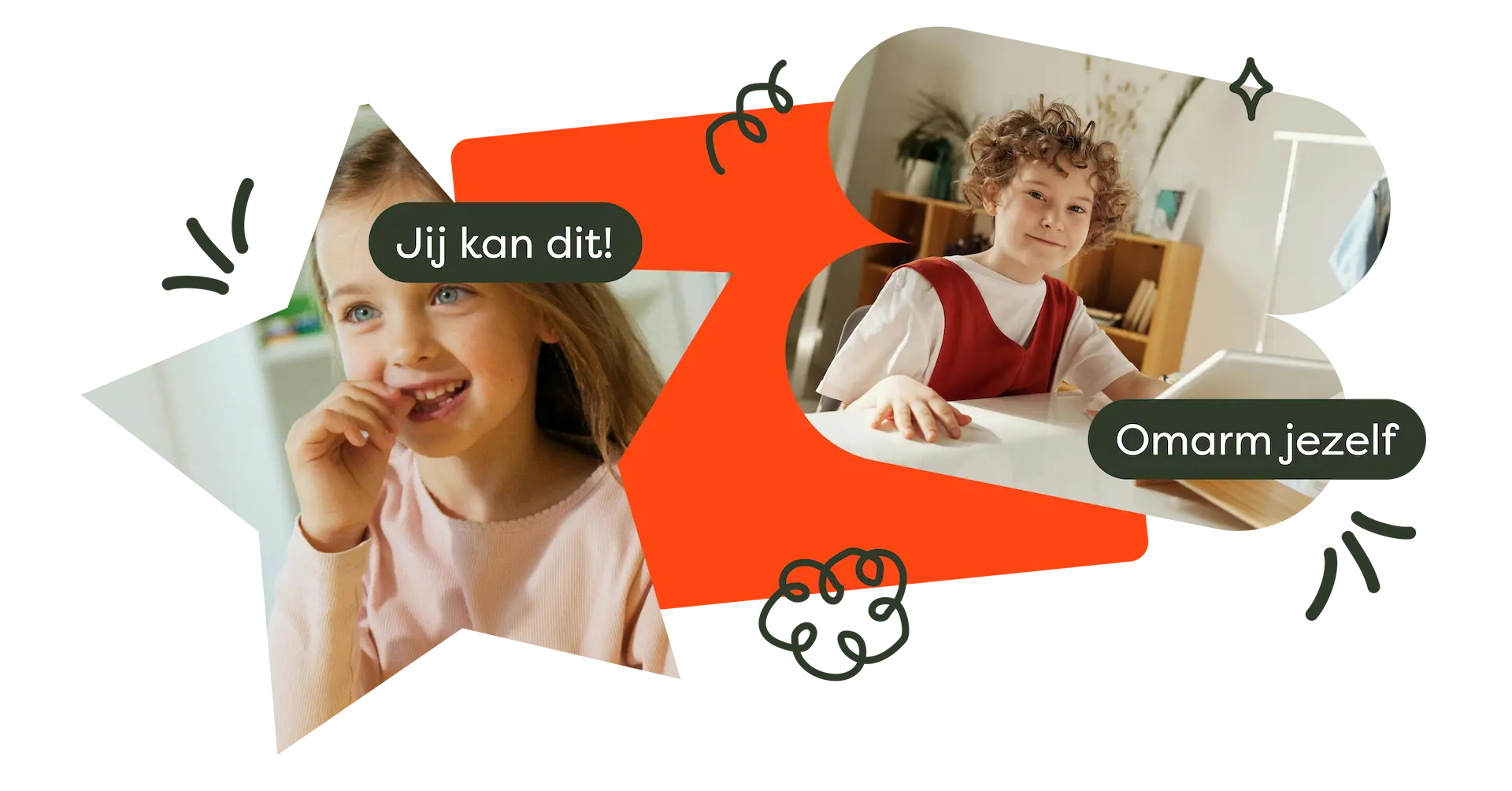 Twee kinderen met inspirerende teksten "Jij kan dit!" en "Omarm jezelf"