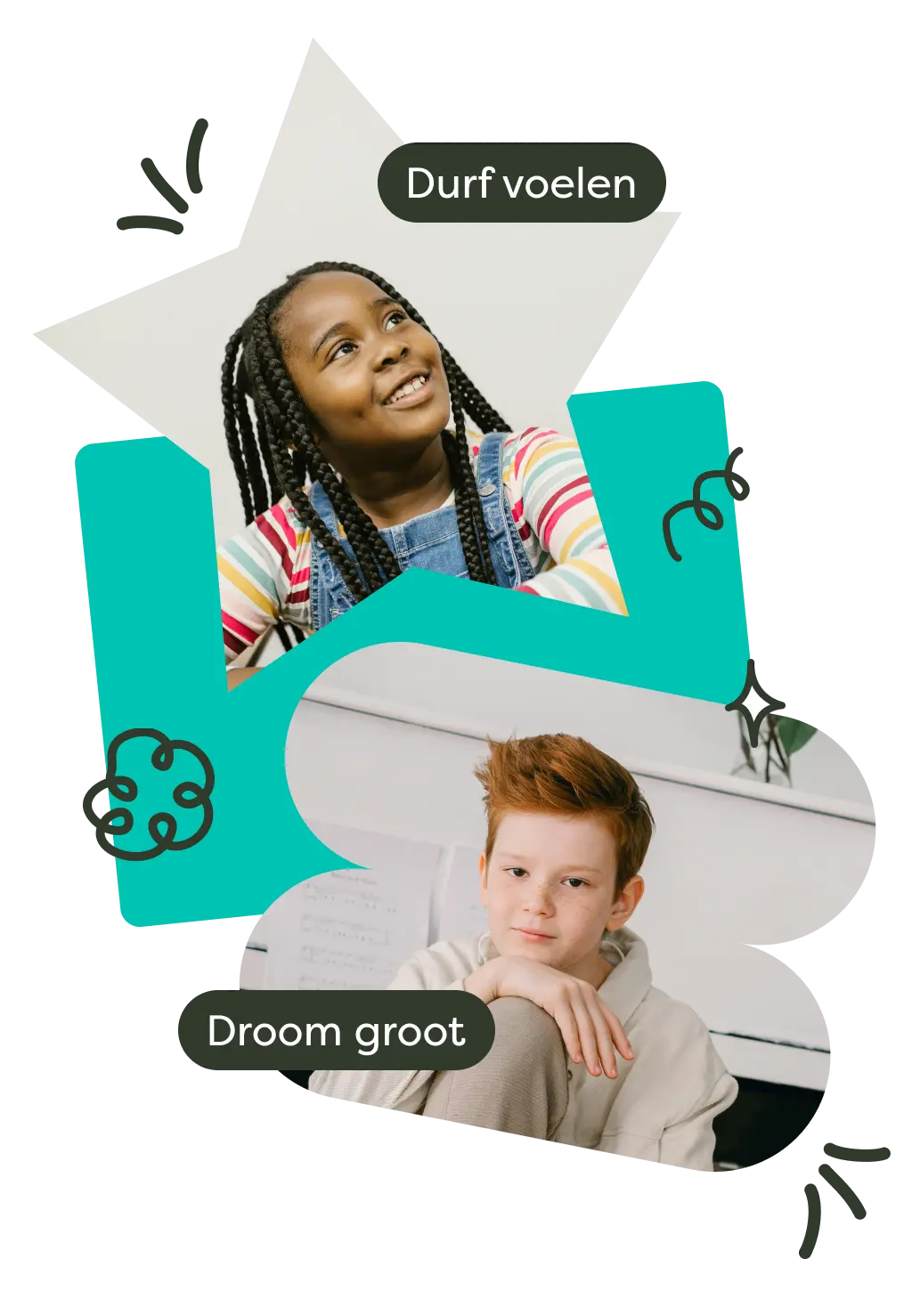 Twee kinderen met inspirerende teksten "Durf voelen" en "Droom groot"