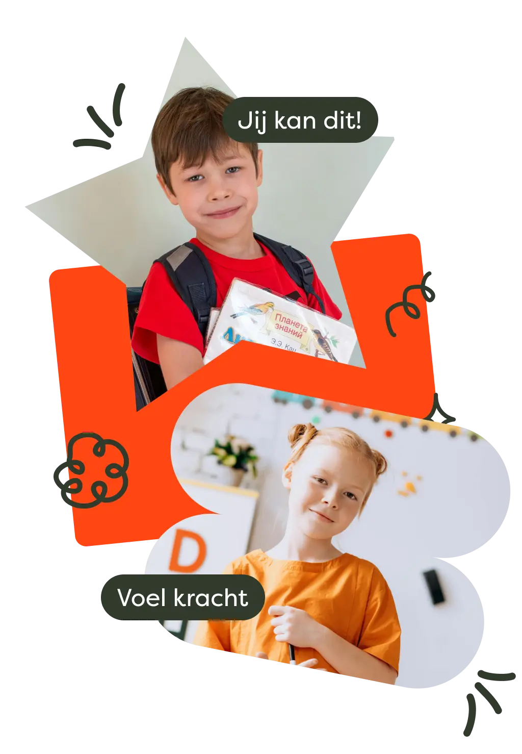 Twee kinderen met inspirerende teksten "Jij kan dit" en "Voel kracht"